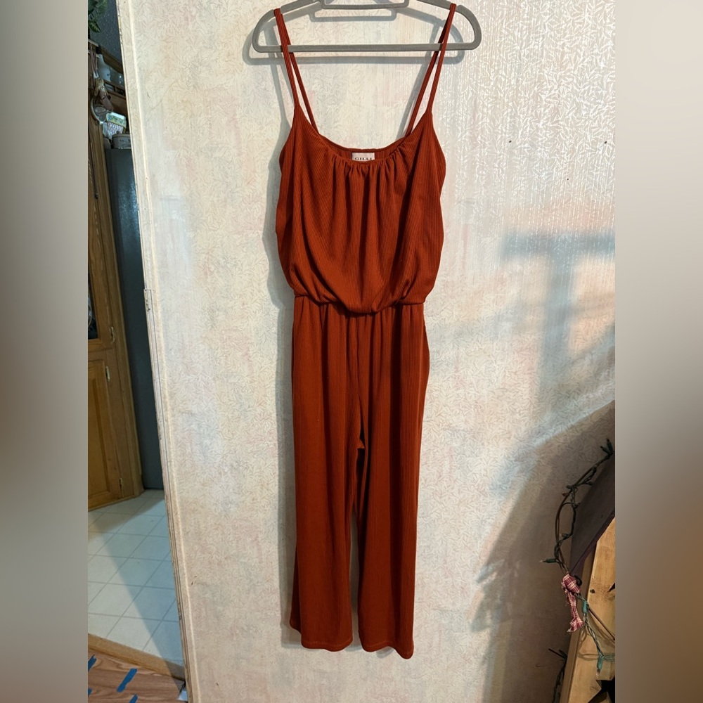 Gilli Rust-Red Sleeveless Wide-Leg Jumpsuit, Adjustable Spaghetti Straps, Sz Lg